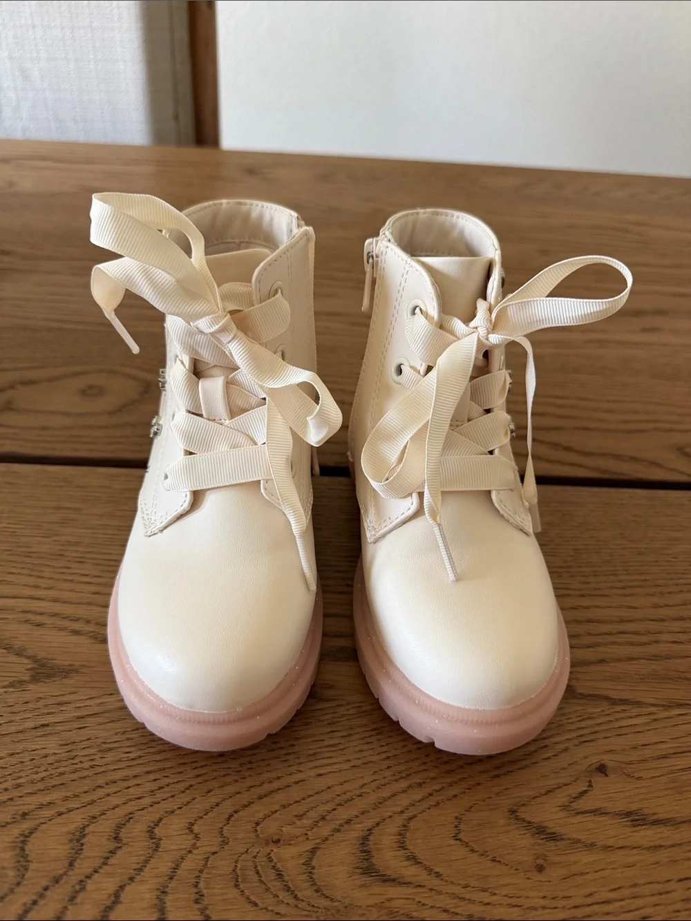 Cat & Jack Cream Lace-Up Kids Ankle Boots with Pink Sole
